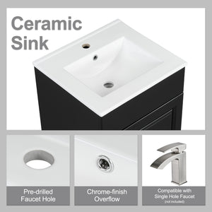 English Elm Christopher Knight Home® - 20" Bathroom Vanity with Ceramic Sink and Soft-Close Door, Gold Knob, Adjustable Shelf Storage Black N759P237946B