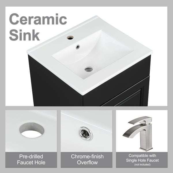 English Elm Christopher Knight Home® - 20" Bathroom Vanity with Ceramic Sink and Soft-Close Door, Gold Knob, Adjustable Shelf Storage Black N759P237946B