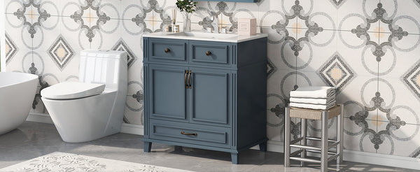 English Elm 30'' Bathroom Vanity with Sink - Retro Solid Wood Frame, Ceramic Basin, Soft-Close Doors & Ample Storage Blue N710P190656C