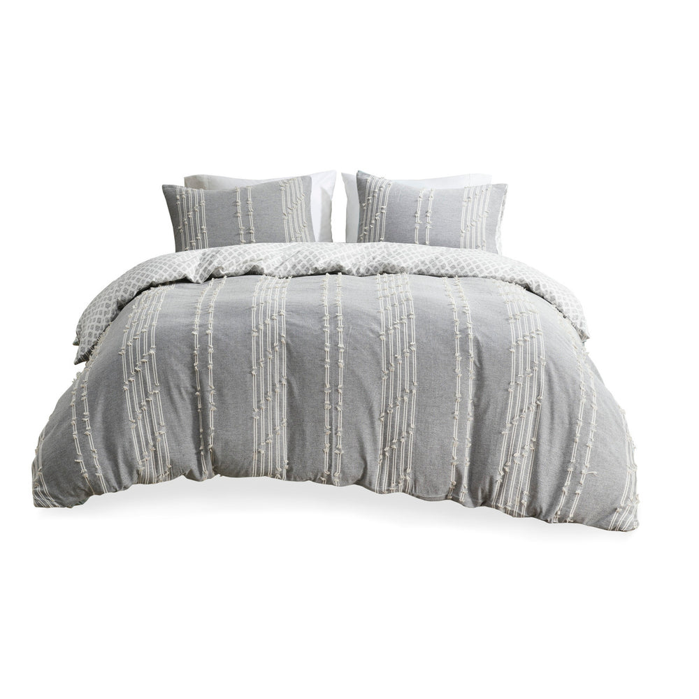 English Elm King/Cal King Kara Cotton Jacquard Duvet Cover Set — OEKO-TEX Eco-Friendly Striped & Diamond Bedding, Button Closure, Tie Corners, Easy Care Gray 11.81 L x 9.84 W x 6.3 H B03596508