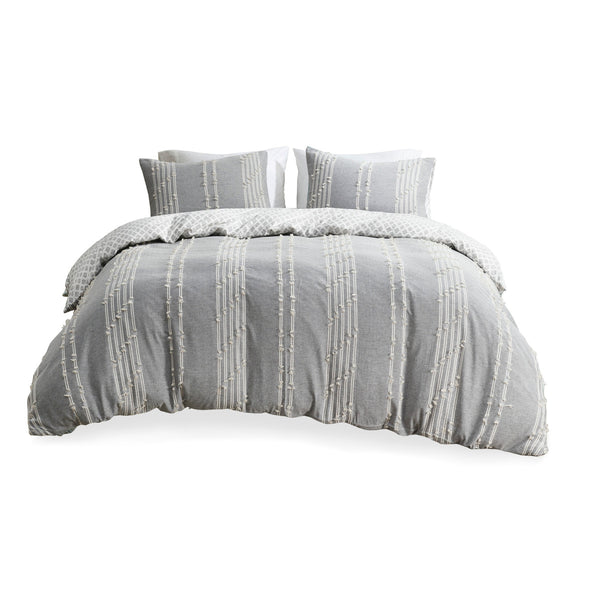 English Elm King/Cal King Kara Cotton Jacquard Duvet Cover Set — OEKO-TEX Eco-Friendly Striped & Diamond Bedding, Button Closure, Tie Corners, Easy Care Gray 11.81 L x 9.84 W x 6.3 H B03596508