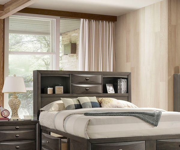 English Elm Contemporary Queen Size Bed With Storage Drawers & Headboard Bookcase In Elegant Gray Finish B2741S00562
