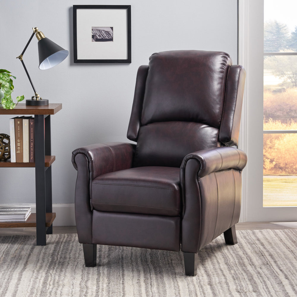 English Elm Christopher Knight Home® - Fabric Burgundy Recliner Chair Mid-Century PU Leather Pushback Sofa with Tufted Cushion, Compact Comfort 57574.00BDY