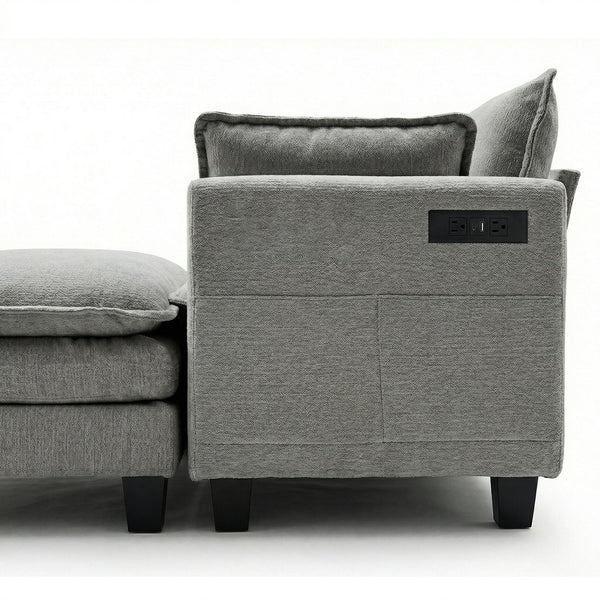 English Elm Modern Chenille Three Seat Sofa with Ottoman Usb Charging Ports and Storage Pockets Dark Grey W2519S00003