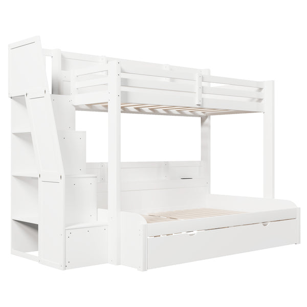 English Elm Twin Over Full Bunk Bed with Stair Drawers Shelves Led Lighting and Usb Port White N7090005013K