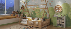 English Elm Full House Kids House Bed with Roof & Fence, Low Floor Solid Pine Frame, Stylish Nightlight Ready Natural 80.91 L x 15.55 W x 6.5 H W2593P296922