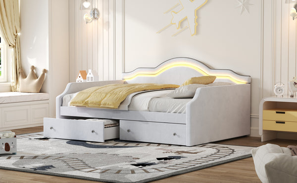 English Elm Full Size Upholstered Daybed With Led Accent, 2 Storage Drawers, Velvet Finish In Elegant Beige N7500001852A
