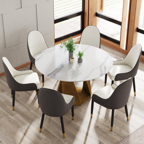 English Elm 53" Round Marble Dining Table - Elegant Artificial Marble Top & Sturdy Bronze Base For 6 People W1535S00407