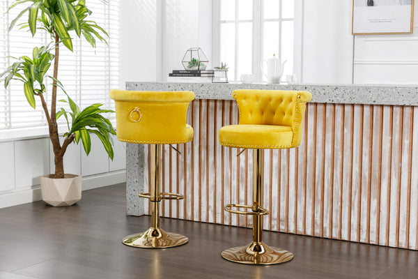 English Elm UNITED Velvet 360° Rotating Bar Chair with Diamond Stitching, Gold Frame, Plush Foam Seat, Adjustable Height Yellow W1568P361719
