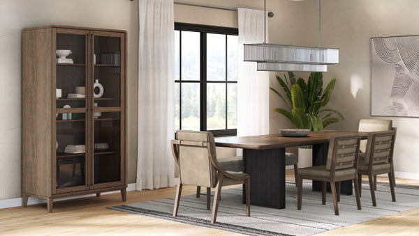 English Elm Latte Solid Wood Display Cabinet with 4 Shelves, Elm Veneer Channel Back, 2 Glass Doors, Light Brown Finish B2699P237503