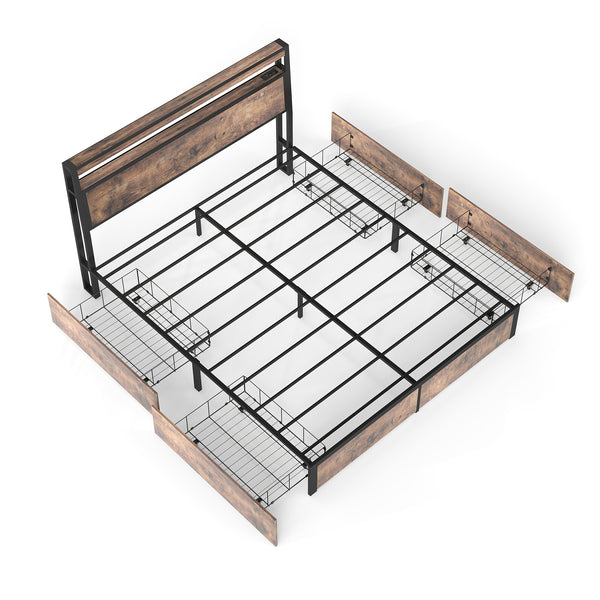 English Elm Queen Metal Platform Bed with Rgb Led Headboard Charging Station and Underbed Storage T3963P482749