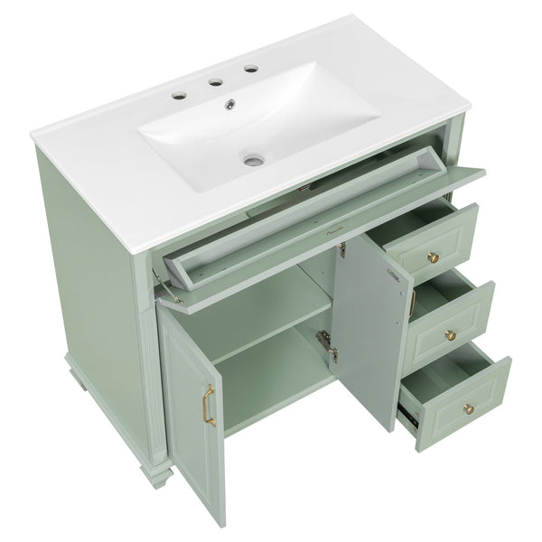English Elm 36" Forest Green Rubberwood Bathroom Vanity with Ceramic Sink and Golden Hardware N725P356069F