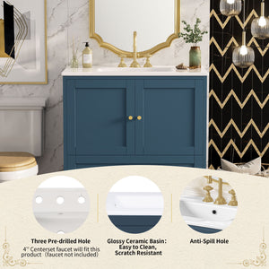 English Elm 30'' Modern Navy Blue Bathroom Vanity With Ceramic Sink, Soft-Close Doors & Gold Handles For Style N710P228365C