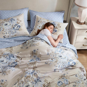 English Elm 7-piece Full Vintage Botanical Floral Reversible Comforter Set Beige Blue Microfiber B035P408240