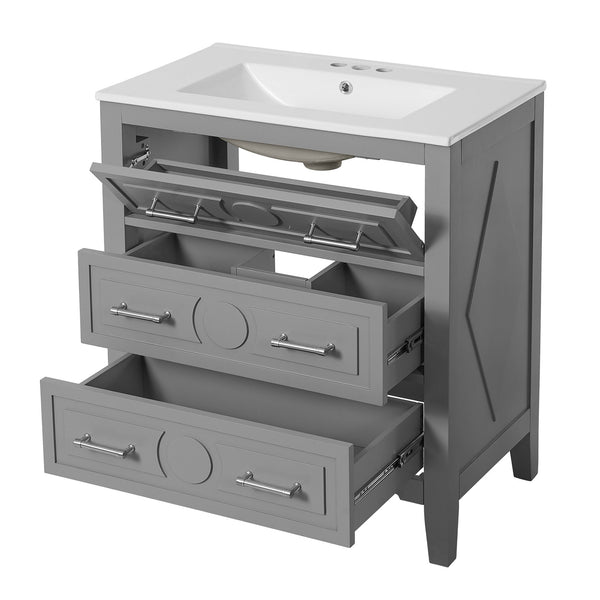 English Elm 30'' Bathroom Vanity with Ceramic Sink, Solid Wood Frame Retro Style Vanity with 3 Drawers & Gold Handles Gray N710P246209E