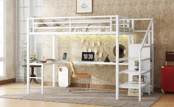 English Elm Full Size Loft Bed With L-Shaped Desk, Wardrobe, Usb, Led Light - Space-Saving Design For All Ages W1580S00133