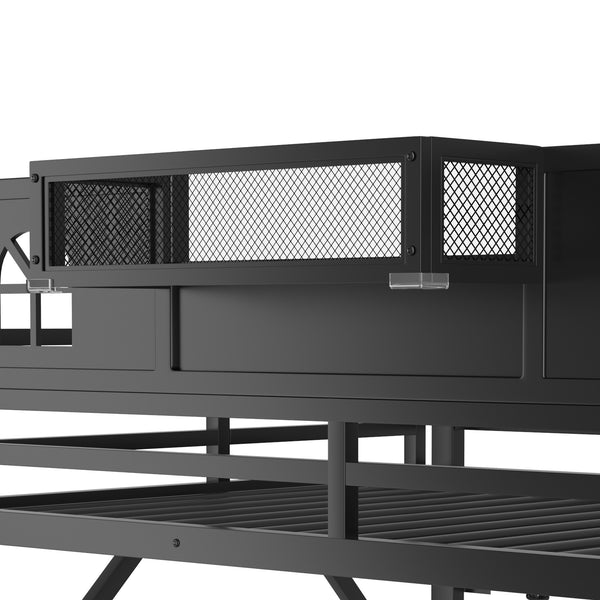 English Elm Full Size Steel Loft Bed with Staircase Storage Wardrobe Desk and Led Lighting Black W2593S00055