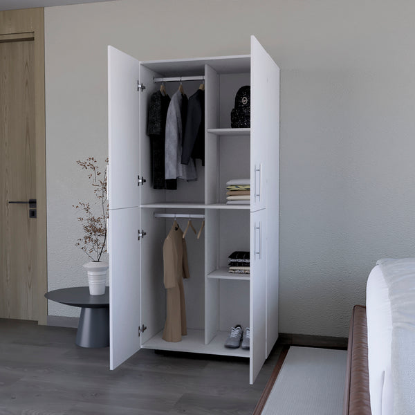 English Elm Armoire Moscow White Bedroom Wardrobe with Dual Cabinets, Hanging Rods & Shelves — Durable Engineered Wood B092S00263