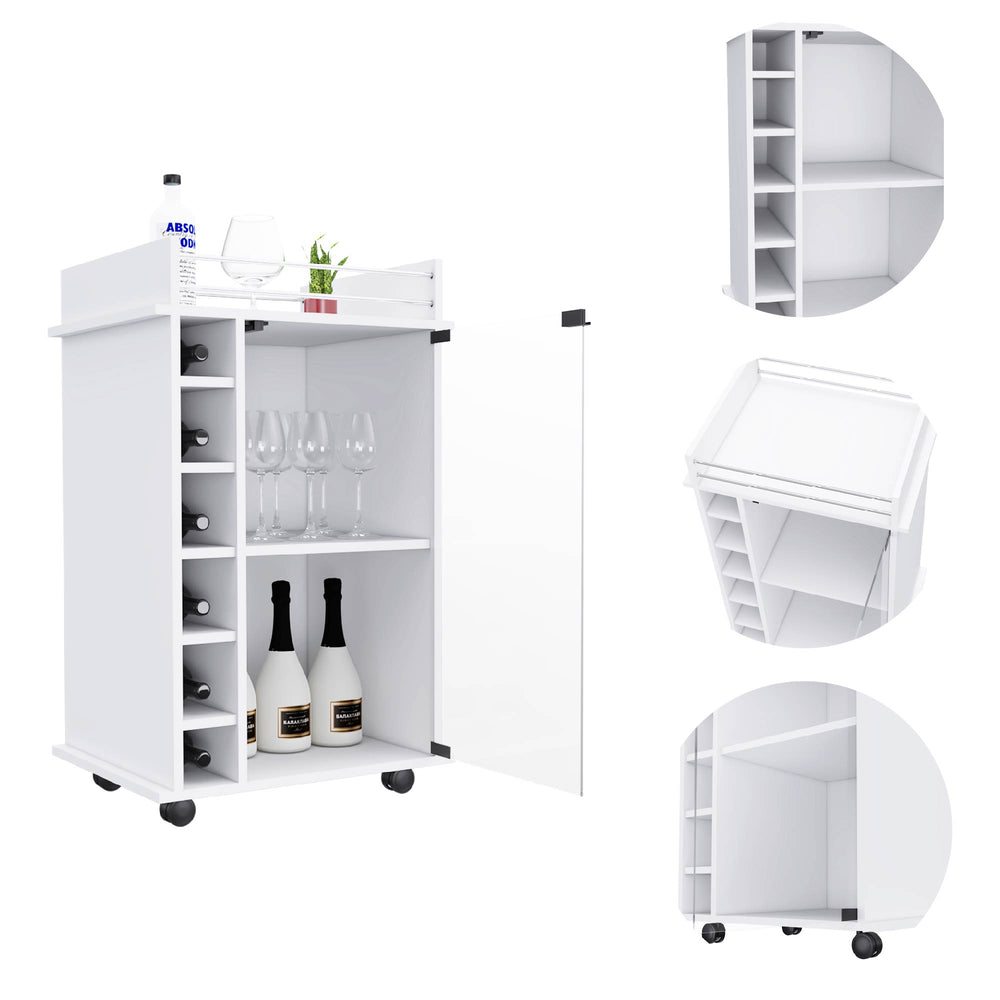 English Elm Bar Bar Cart Glass Door Cabinet with Two Shelves, Six Bottle Cubbies, Locking Casters, Rail Top White 31.49 L x 20.86 W x 6.69 H B097133032