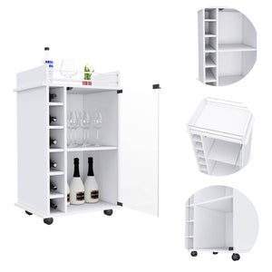 English Elm Bar Bar Cart Glass Door Cabinet with Two Shelves, Six Bottle Cubbies, Locking Casters, Rail Top White 31.49 L x 20.86 W x 6.69 H B097133032