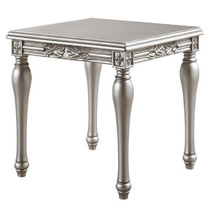 English Elm Platinum Square End Table with Turned Legs, Floral Trim Apron, 2" Thick Top for Stable Elegance (96) B062P191052