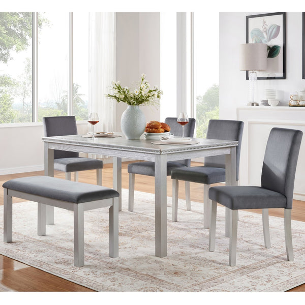 English Elm 6 Piece Wooden Dining Set With Upholstered Chairs And Bench – Elegant Silver Grey Table For 6 W1998S00067