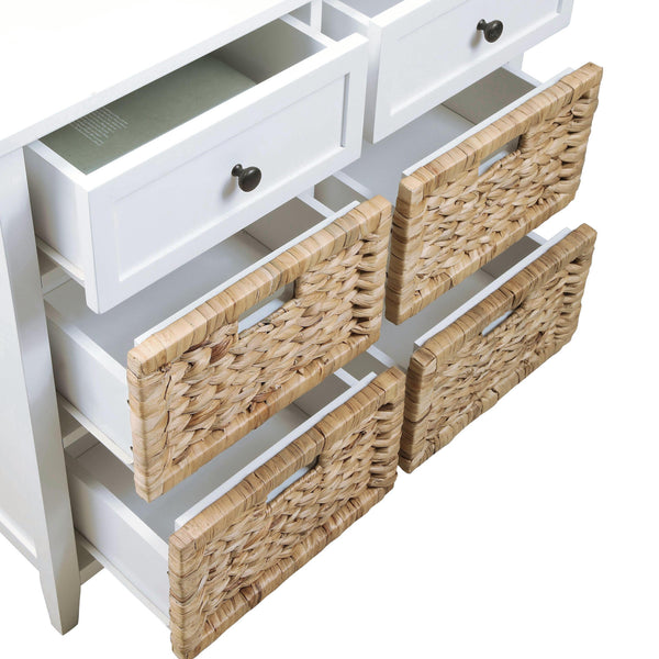 English Elm White 6-Drawer Console Cabinet with Wicker Front Basket, Durable MDF Veneer, KD Assembly, Classic Chic Appeal B062P209185