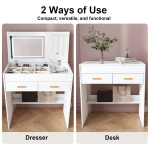 English Elm Flip Top Makeup Vanity Desk with Led Mirror Built-in Outlet and Jewelry Hooks W2699P404630