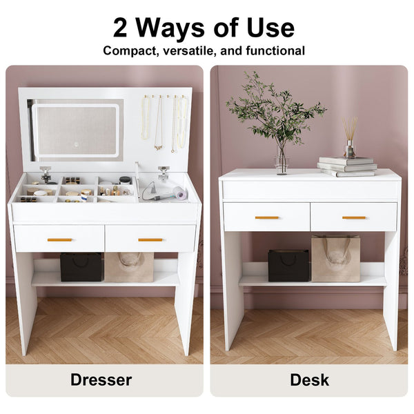 English Elm Flip Top Makeup Vanity Desk with Led Mirror Built-in Outlet and Jewelry Hooks W2699P404630