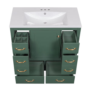 English Elm 36" Modern Bathroom Vanity with Ceramic Sink, Six Drawers, Adjustable Shelf, Solid Wood Build Green SY999808AAF-6