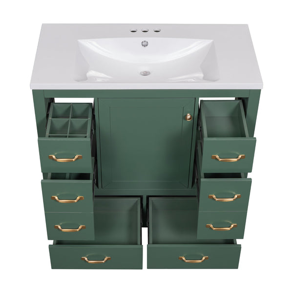 English Elm 36" Modern Bathroom Vanity with Ceramic Sink, Six Drawers, Adjustable Shelf, Solid Wood Build Green SY999808AAF-6
