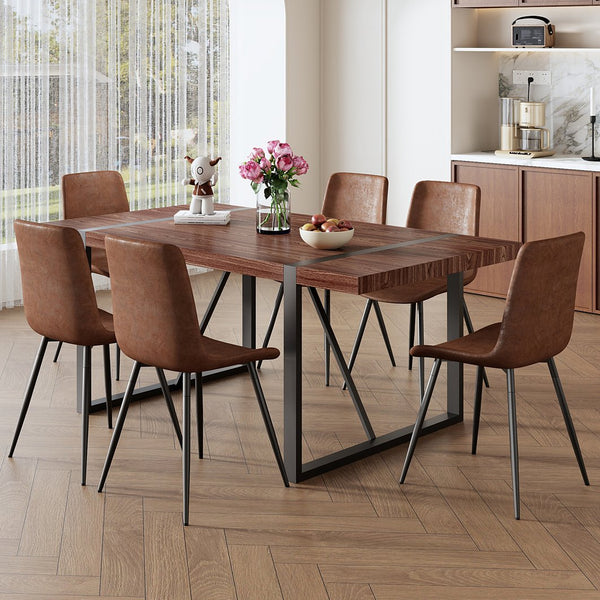 English Elm Table and Chair Set Industrial Walnut Six Seat Dining with Metal Frame Brown Fabric W1151S02436