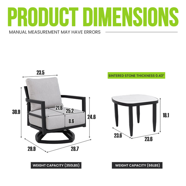 English Elm 3pc Outdoor Aluminum Swivel Lounge Set Sunbrella Cushions Sintered Stone Side Table W1886S00039