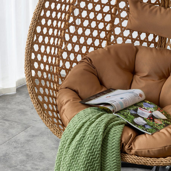 English Elm 76.8-inch Hand Woven Rattan Egg Swing Chair Indoor Outdoor with Cushion Lumbar Pillow Yellow W1512P498594