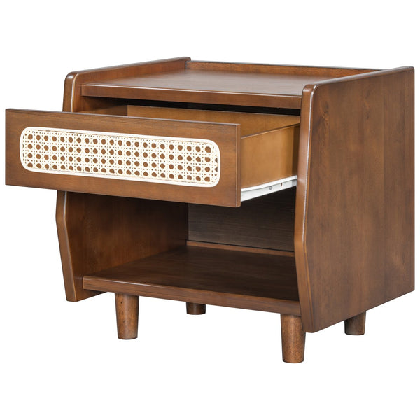 English Elm Black Rattan Panel Nightstand with Open Shelf Drawer Mdf Modern Bedroom Storage N770P374577D