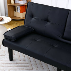 English Elm The 67-inch PVC multi-functional sofa bed with one-click fold, cup holders, sturdy wood frame for apartments Black W3371P318136