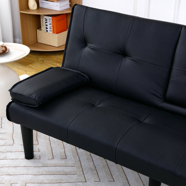 English Elm The 67-inch PVC multi-functional sofa bed with one-click fold, cup holders, sturdy wood frame for apartments Black W3371P318136