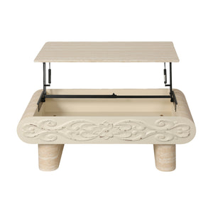 English Elm Rounded Edge Coffee Table Solid Wood Engraved Drawer Modern Living Room Storage Beige+Yellow W3040P428650