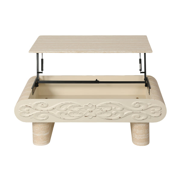 English Elm Rounded Edge Coffee Table Solid Wood Engraved Drawer Modern Living Room Storage Beige+Yellow W3040P428650