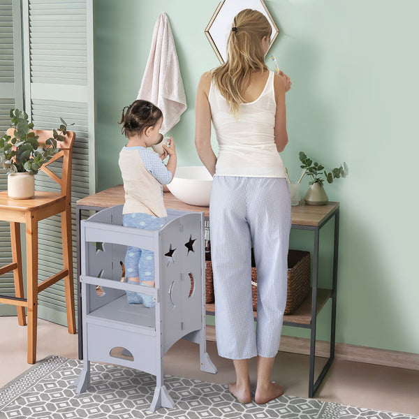 English Elm Qaba Foldable Wooden Toddler Helper Tower with Four Sided Safety Rail for Kids W2225P200690