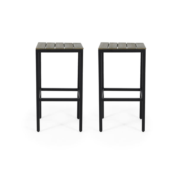 English Elm Christopher Knight Home® - EZRA Outdoor Acacia Bar Stool Set of 2 — Handcrafted Teak Finish Wood Tops, Sturdy Iron Frames Black+Grey 70262.00GRY