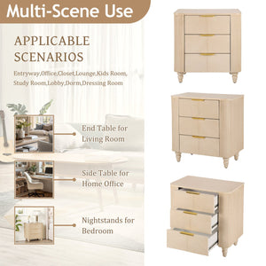 English Elm Mid-century Fluted 3 Drawer Nightstand with Gourd Legs and Gold Tone Handles for Bedroom Champagne N761P285712E