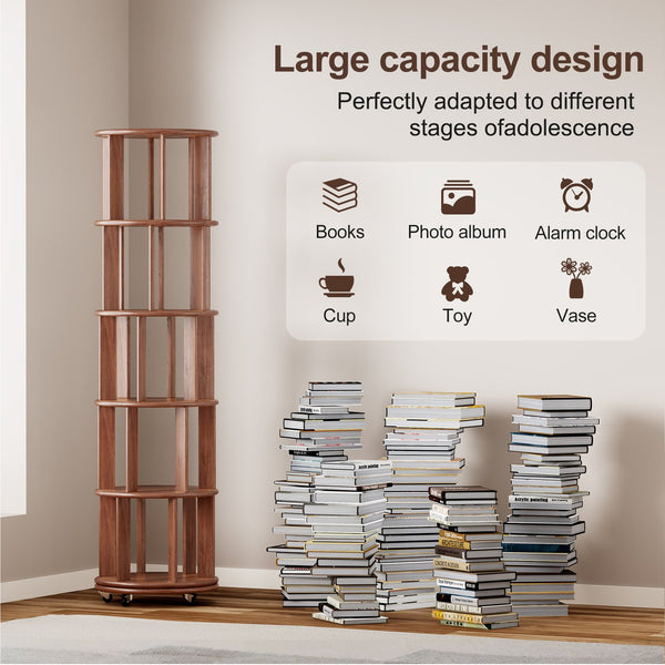 English Elm 100%solid Rubberwood Rotating Tower Bookcase with Locking Wheels 4 Tier Round Shelf W2987P337957