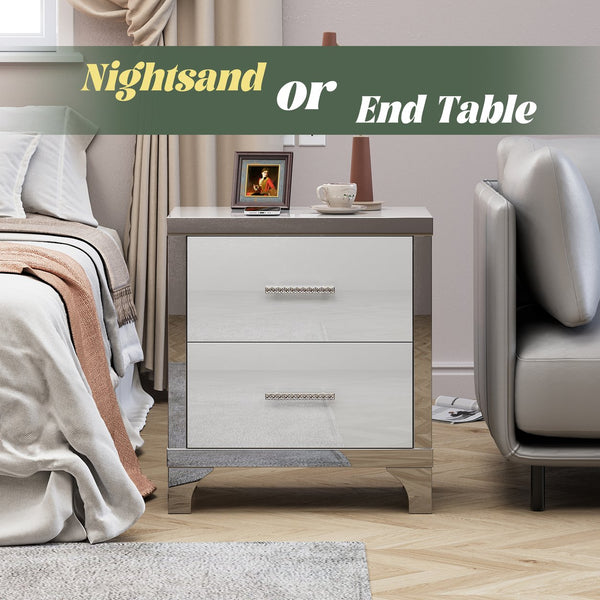 English Elm High Gloss Mirrored 2 Drawer Nightstand Slim Metal Legs Modern Bedroom Side Table White W5271P416521