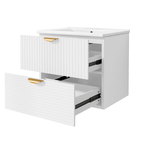 English Elm Modern 24-Inch Wall-Mounted Bathroom Vanity with 2 Drawers, Gold Handles, Space-Saving Luxury White WF324047AAK