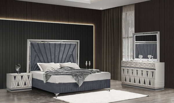 English Elm Lavita 4-Piece Queen Upholstered Bedroom Set With Led Accents, Hydraulic Storage, Gold Details B009S01401