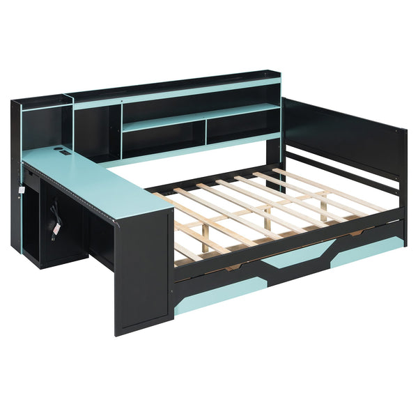 English Elm Full Size Gaming Bed Frame with Desk Led Lights Storage Drawers and Charging Station Black+Blue LP000289AAC