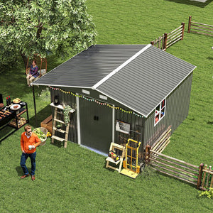 English Elm 10x12 Ft Galvanized Steel Outdoor Shed Dual Zone Lockable Sliding Doors Backyard Storage Dark Gray W1598S00034