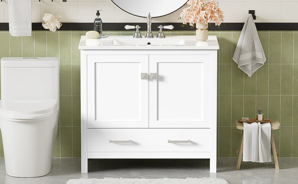 English Elm 36" White Bathroom Vanity with Ceramic Sink, Soft-Close Doors, Divided Drawer & Double Shelves for Organized Modern Bathrooms N729P276609K