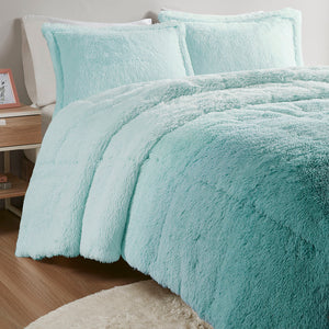 JLA Home Intelligent Design - Ombre Plush Ombre Shaggy Faux Fur Comforter Mini Set — Hypoallergenic, Dustproof, Ultra-Soft Layered Chic Aqua ID10-2149